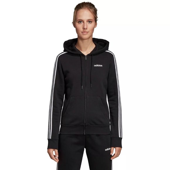Adidas Women's 3 Stripe Full Zip Up Hoodie Long Sleeve Logo Black Sz M - Picture 1 of 5